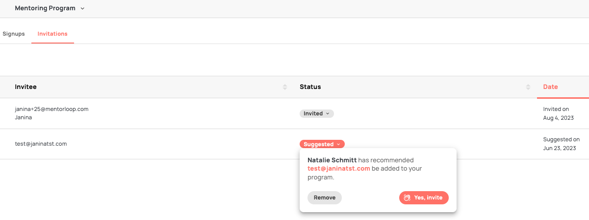 Invitations tab: Suggested mentor/mentee