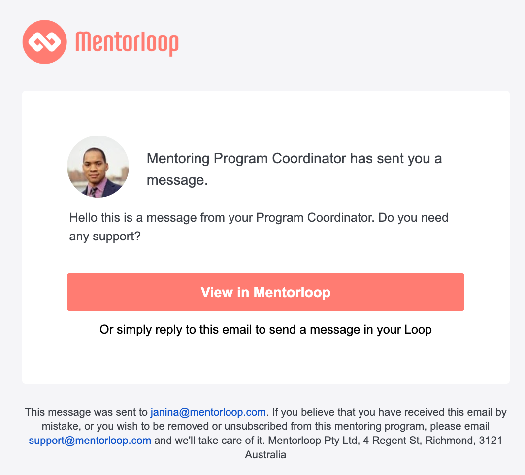 Email Notification: Alexander sent you a message in Mentorloop