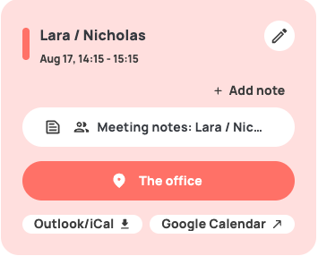 Meeting card in Mentorloop showing a linked note and the + Add note button