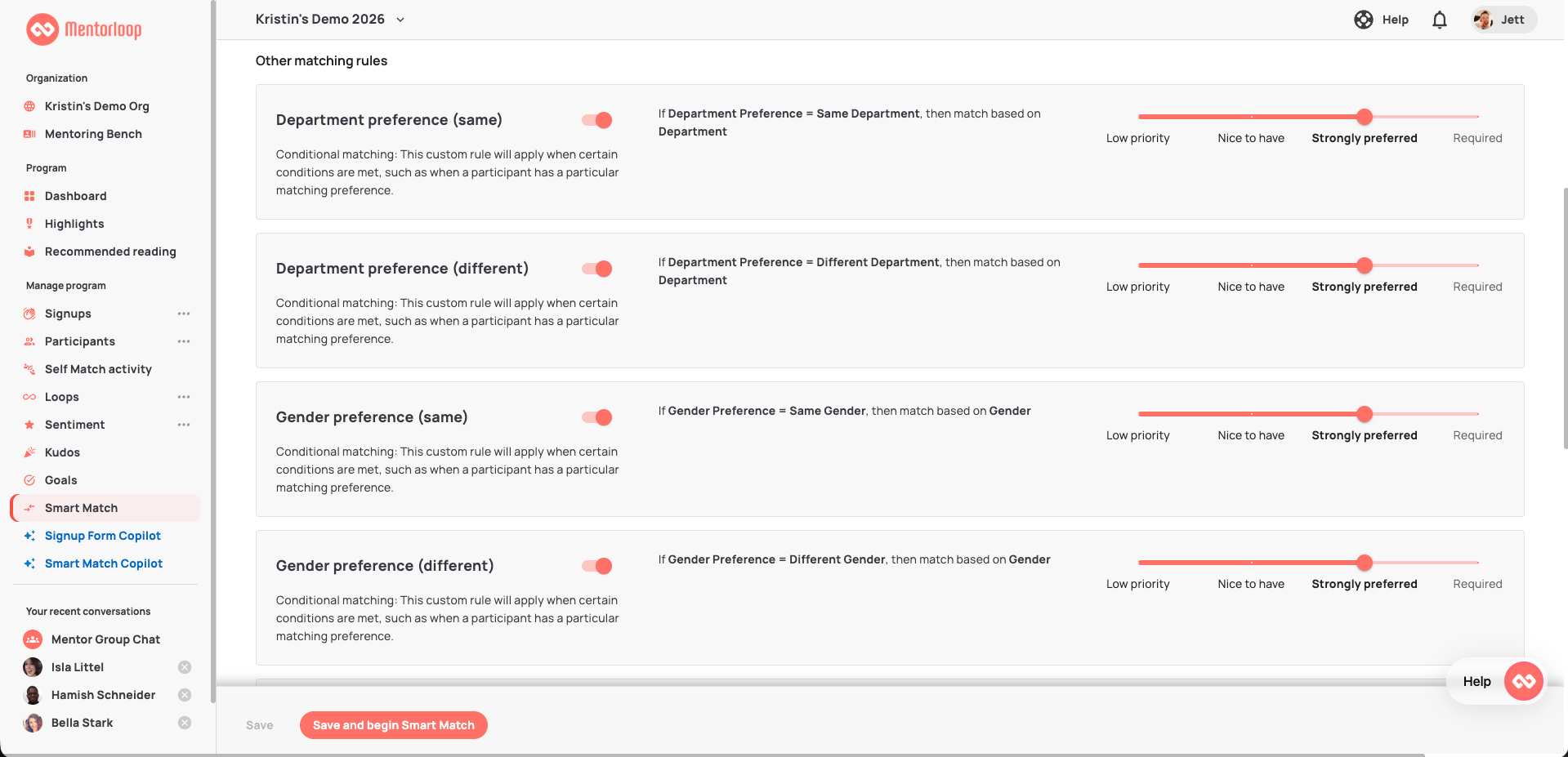 Smart Match rules page showing the Other matching rules section with conditional rules for department and gender preference