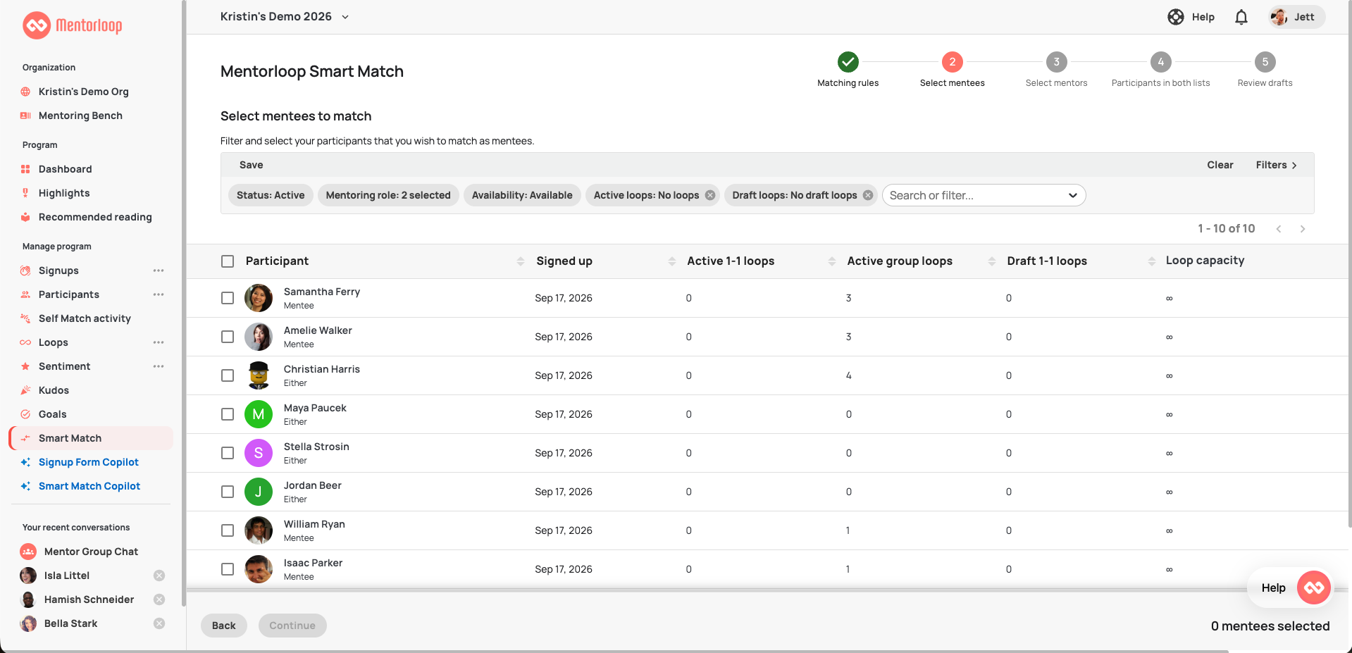 Smart Match participant selection screen showing Step 2 Select mentees with default filters applied