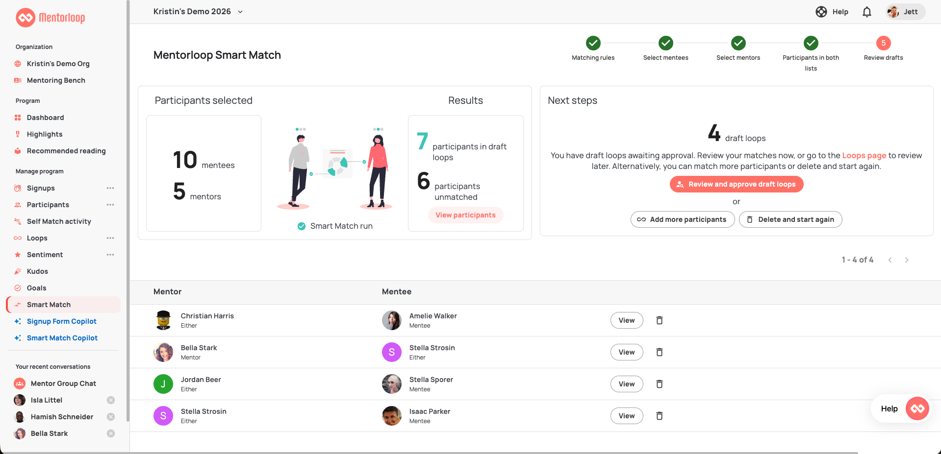 Smart Match results screen showing participants selected, results summary, and next steps panel